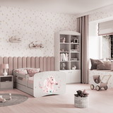 Kinderbett 80x160 und 180x80 cm mit Matratze (optional), Rausfallschutz, Lattenrost & Schublade in weiß mit Einhorn, Pferd, Feuerwehr oder Fee Motiv Mädchen Bett