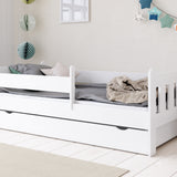 Kinderbett 90x200 | 80x180 | 80x160 cm mit Matratze (optional), Schublade, Rausfallschutz & Lattenrost in weiß Mädchen Jungen Bett