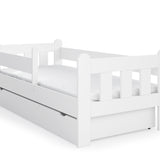 Kinderbett 90x200 | 80x180 | 80x160 cm mit Matratze (optional), Schublade, Rausfallschutz & Lattenrost in weiß Mädchen Jungen Bett
