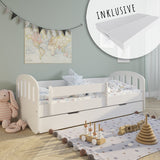 Lit enfant 80x160 | 80x180 cm avec matelas, tiroir (en option), protection antichute &amp; sommier à lattes en lit garçon fille blanc, rose, gris ou naturel